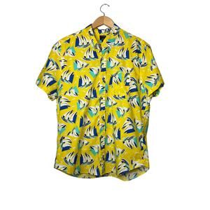J. Crew Mens Sailboat Print Button Front Shirt Yellow Flex Washed Large Slim Fit